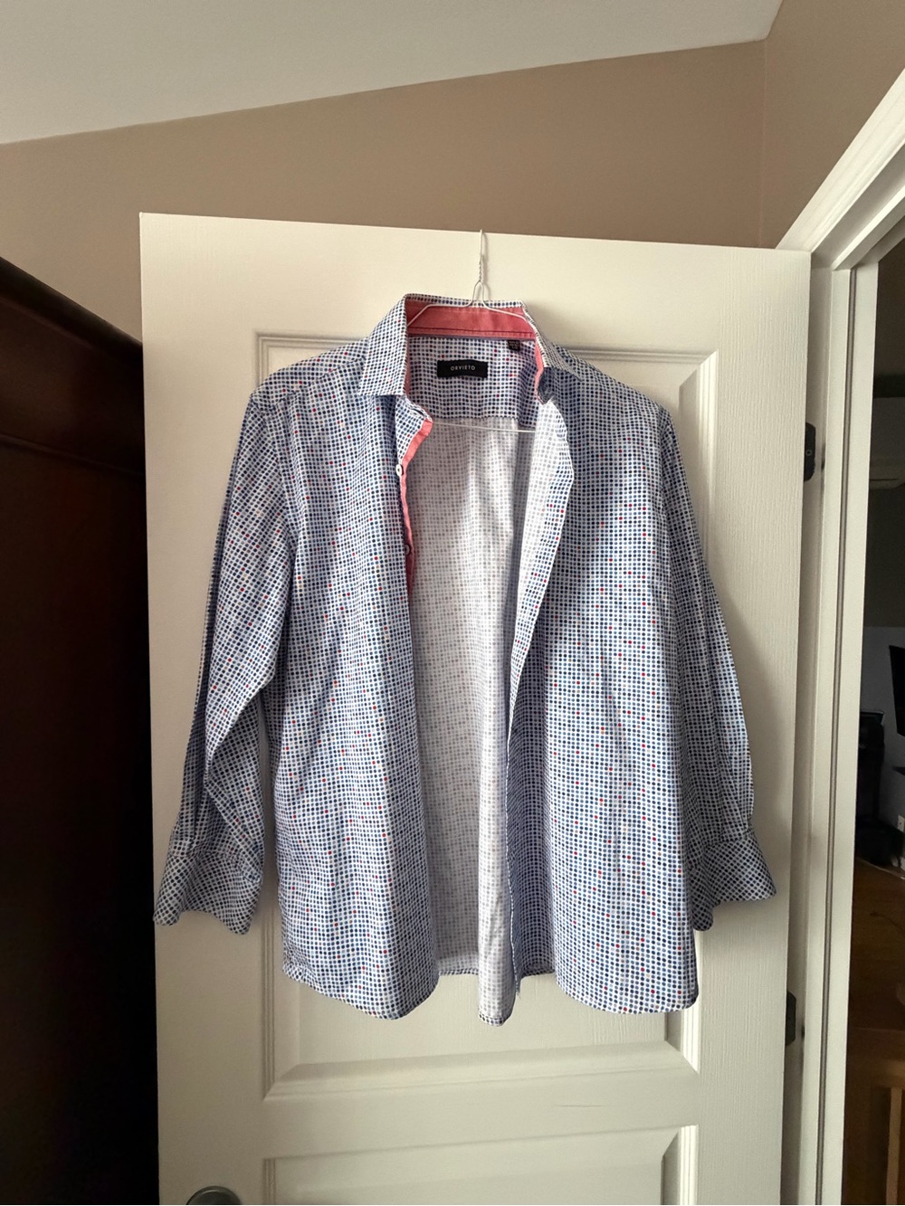 Men's Blue Micro-Check Button-Down Shirt with Pink Trim